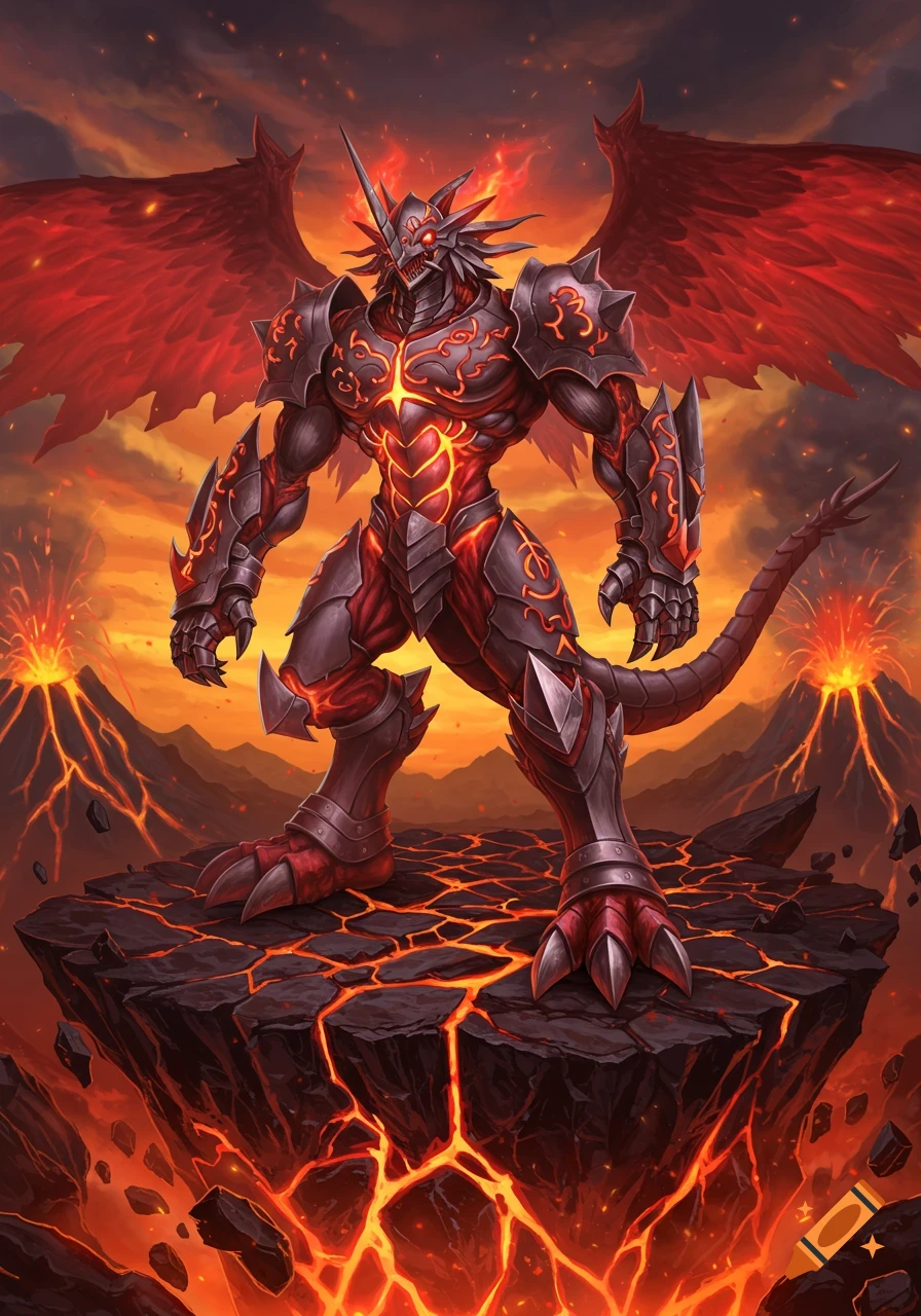 An armored winged red and black monster with glowing lava patterns stands on a fiery rock above a volcanic landscape.