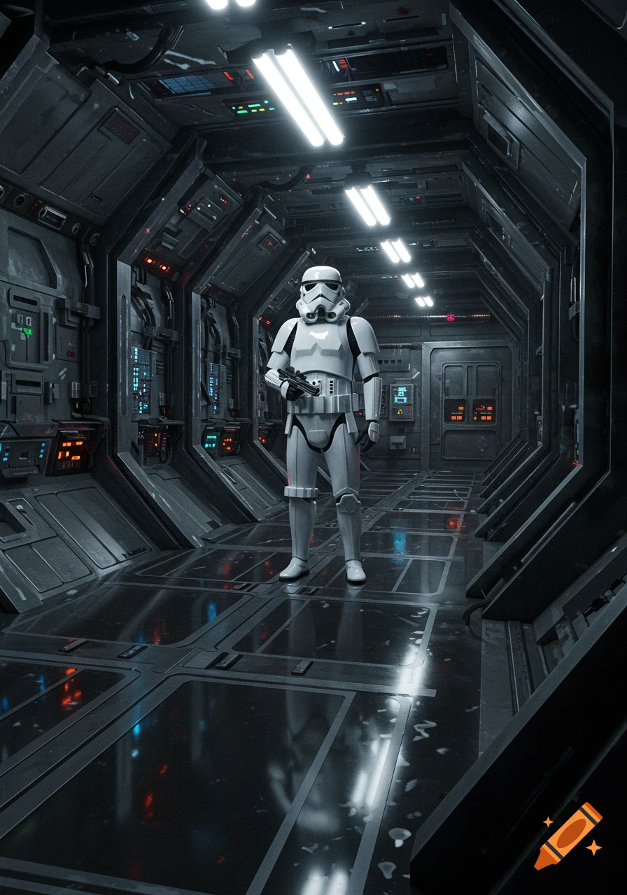 A photorealistic Stormtrooper stands holding a rifle in a dimly lit, metallic spaceship corridor with glowing lights.