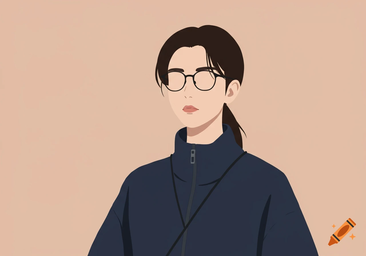 A minimalist digital illustration of a person with dark hair in a ponytail, wearing round glasses and a dark blue zip-up jacket.