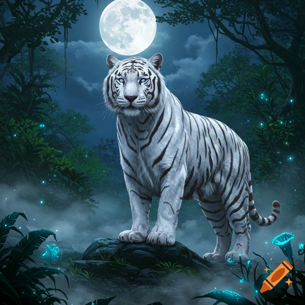 A majestic white tiger with striking blue eyes stands on a rock in a moonlit, mystical forest with glowing flora.