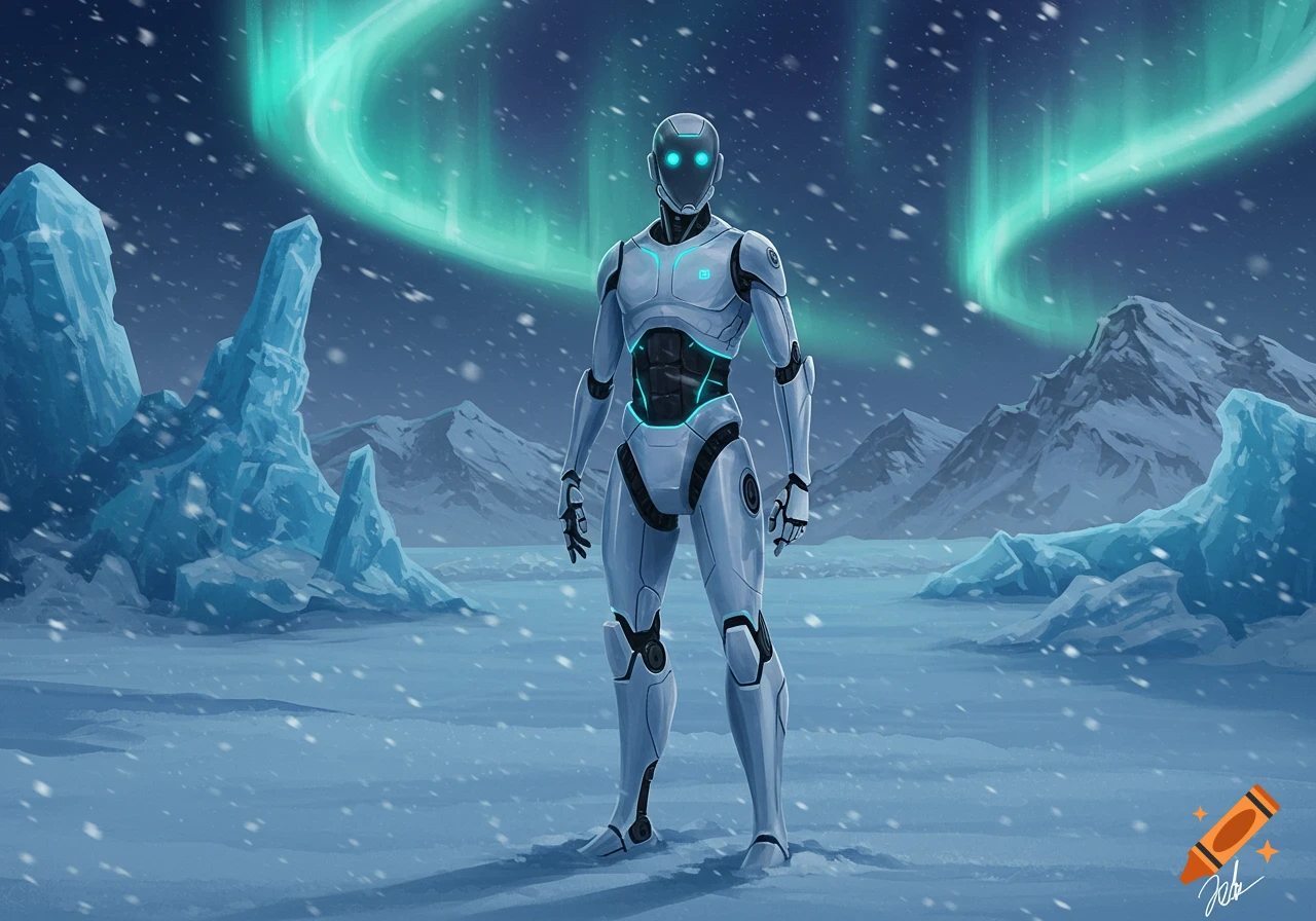 A white robot with glowing blue eyes and accents stands in a snowy arctic landscape under a green aurora borealis.