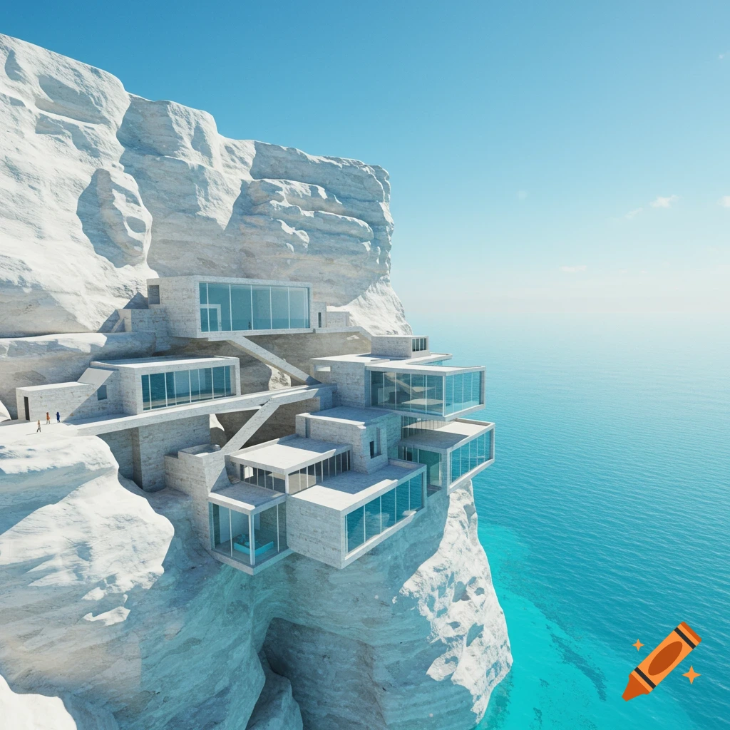Modern architectural complex with glass and concrete built into a white cliff overlooking a turquoise ocean.