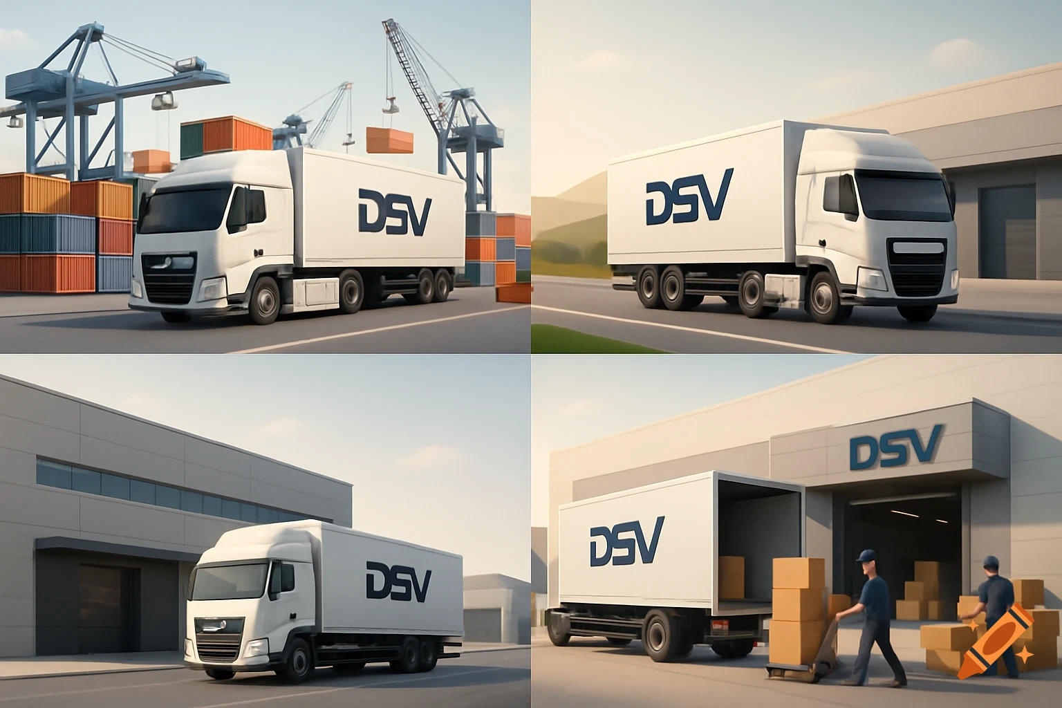 A collage of 3D illustrations showing white DSV logistics trucks at a port with cranes and containers, and then at a warehouse unloading boxes.