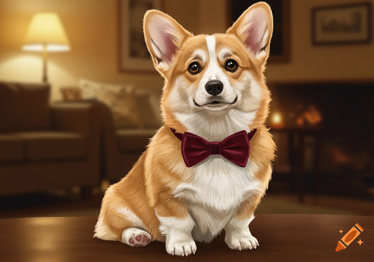 A cute corgi dog wearing a red bow tie sits on a wooden table in a warm, blurry room.