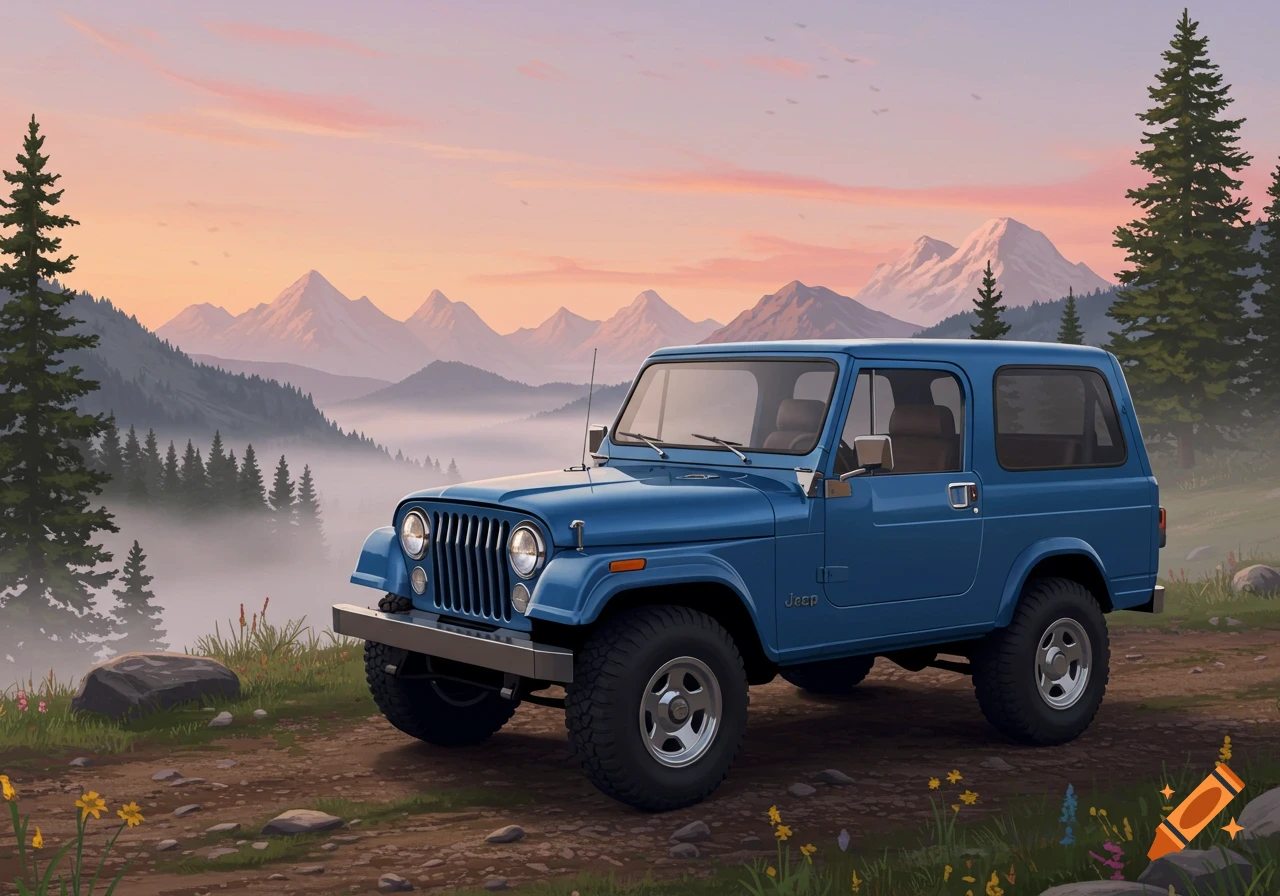 A blue Jeep on a dirt trail in a misty mountain valley with pine trees under a sunset sky. Realistic painting.