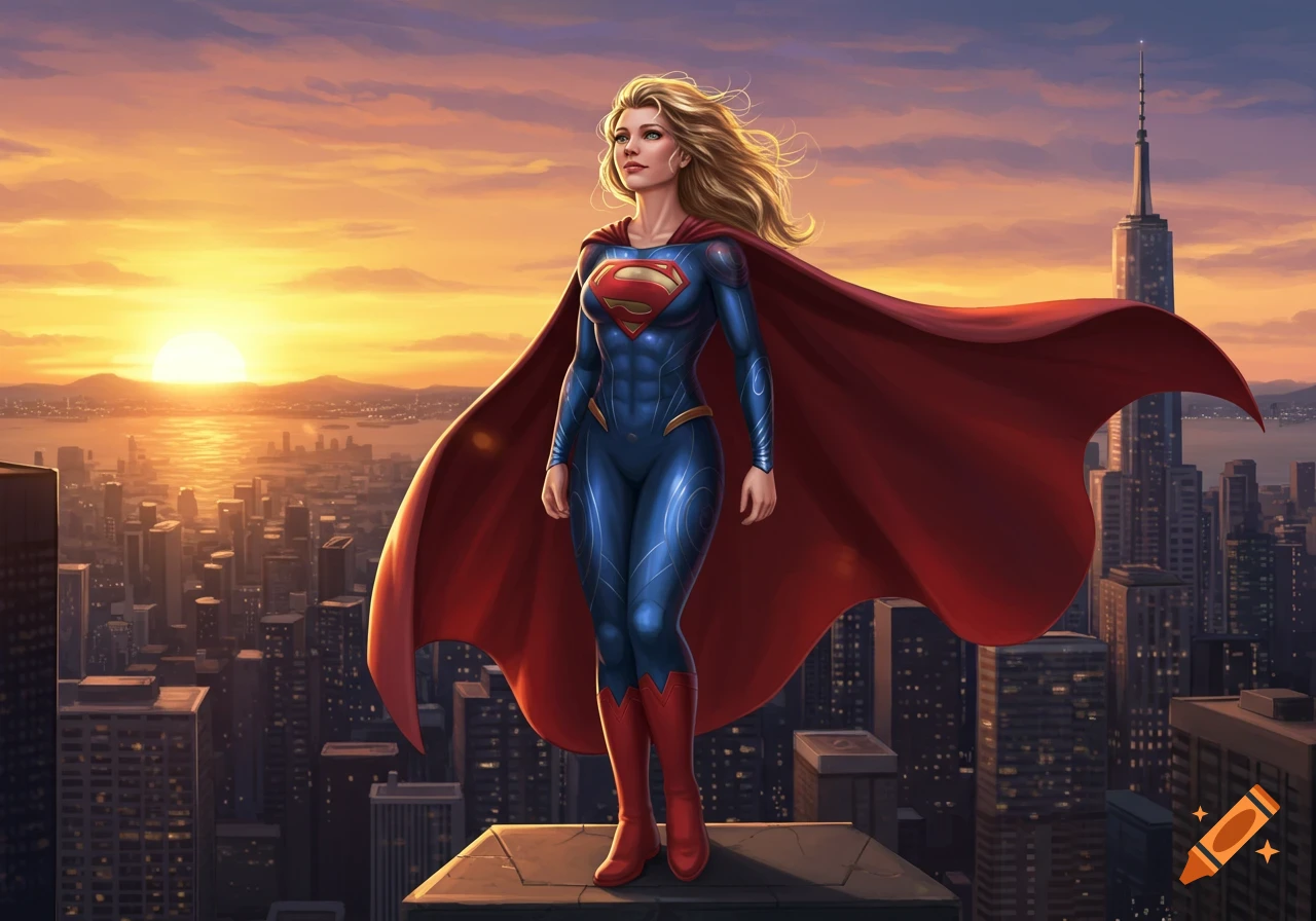 A female superhero in a blue suit and red cape stands on a city rooftop at sunset, looking determined.