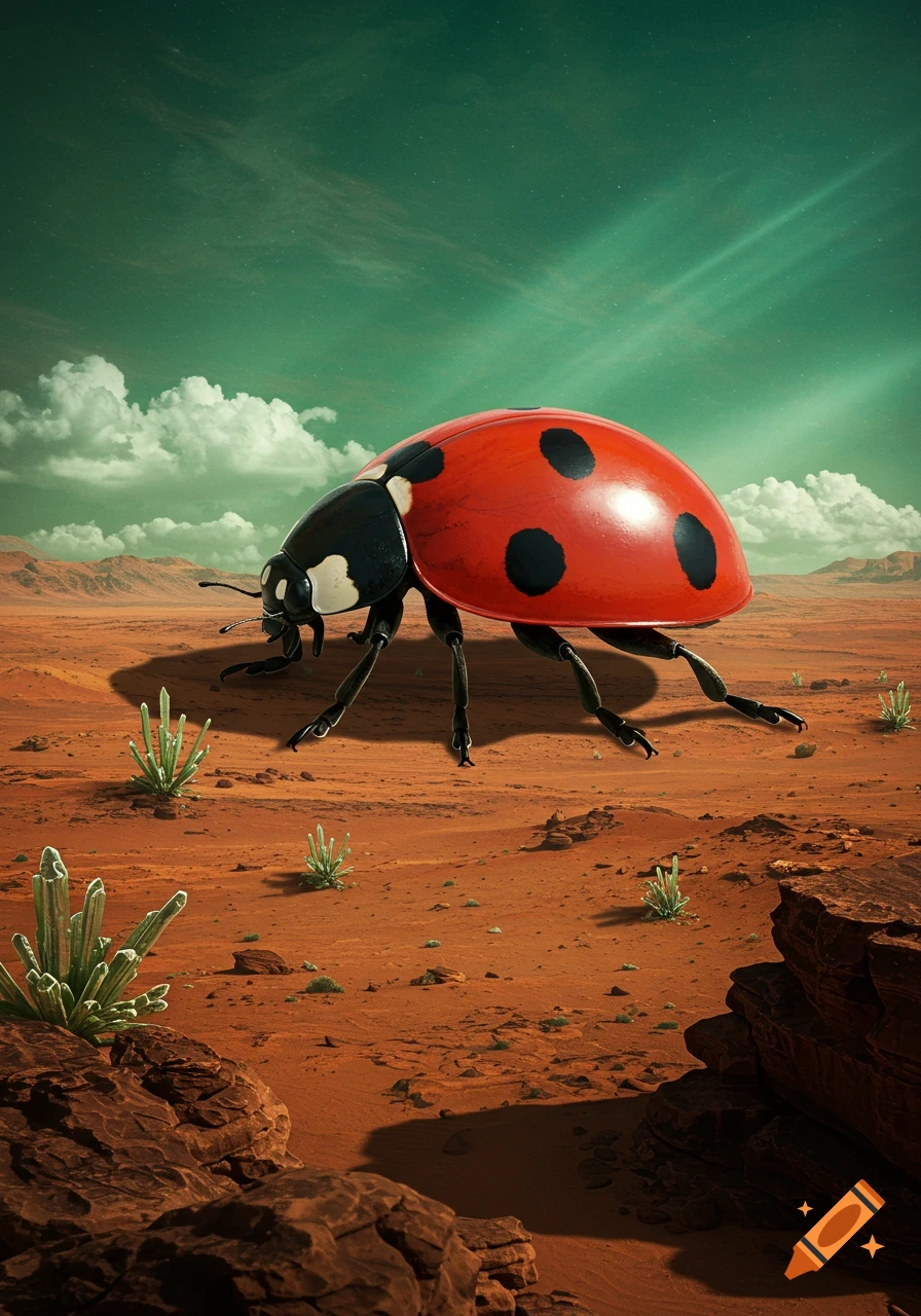 A giant red and black ladybug walks across a barren, reddish desert landscape under a green, cloudy sky.