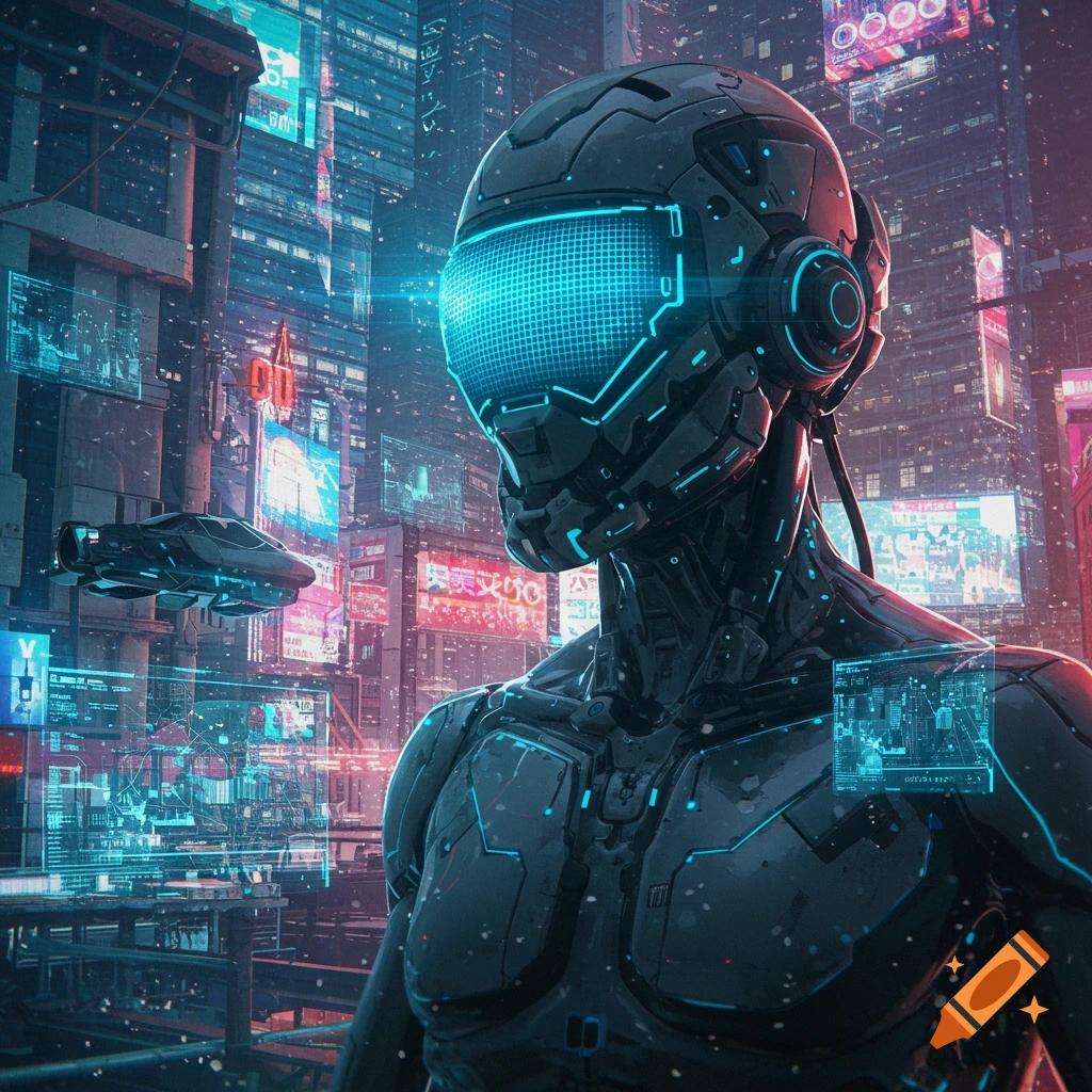 A dark futuristic cyborg with a glowing blue grid visor stands in a vibrant cyberpunk city at night with neon lights.