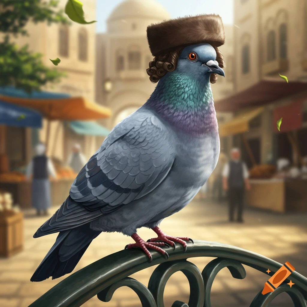 A pigeon wearing a brown fur hat with curly sideburns sits on a metal railing in a blurry market street.