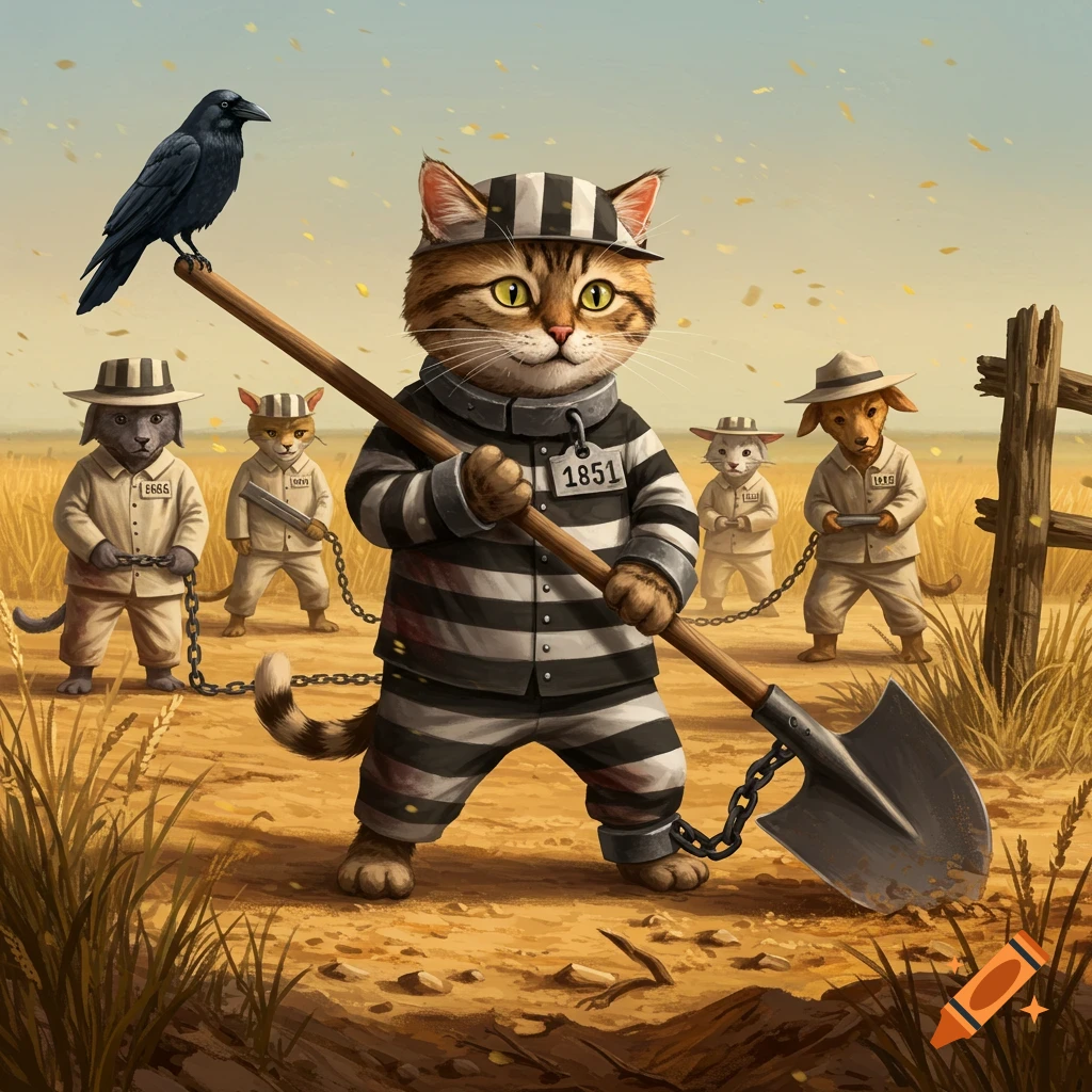 A tabby cat in a striped prison uniform and hat holds a shovel, chained to other animal prisoners in a field, with a crow on the shovel handle. Stylized.
