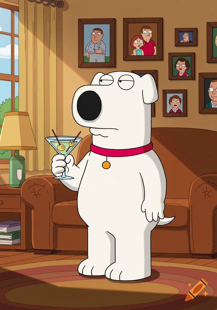 Brian, a white dog from Family Guy, stands in a living room holding a martini.