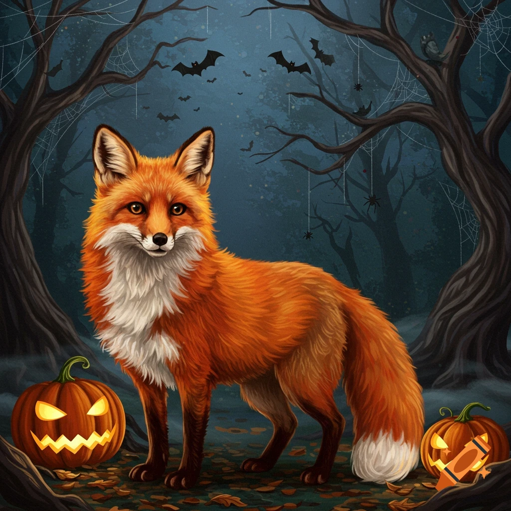An illustrative Halloween scene with an orange fox standing between two glowing jack-o'-lanterns in a dark forest with bats and spiderwebs.