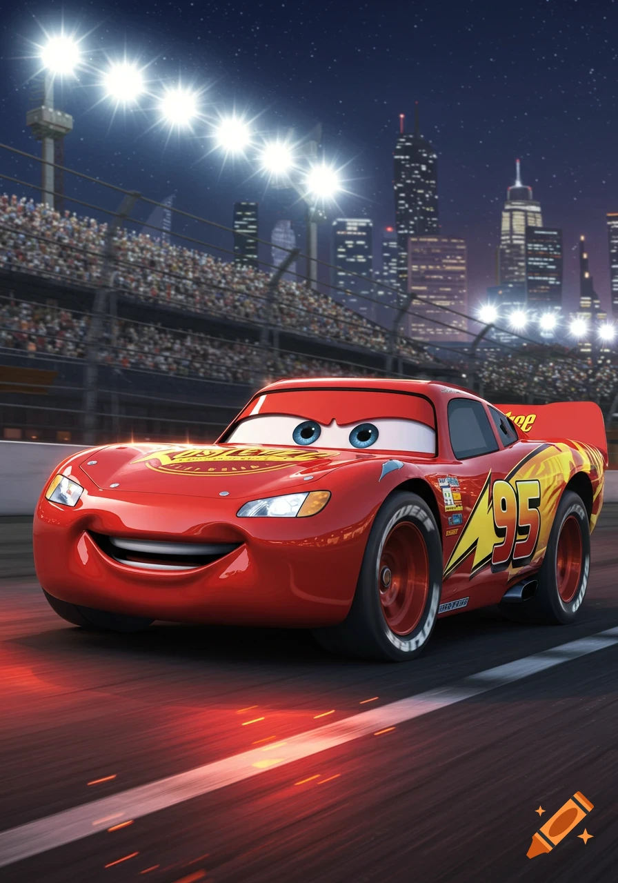 Lightning McQueen races on a track at night with city lights and a crowd in the background, in an animated style.