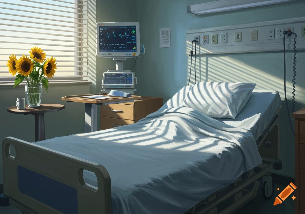 An empty hospital room with a bed, medical monitor, and sunflowers on a table by a window, bathed in sunlight.