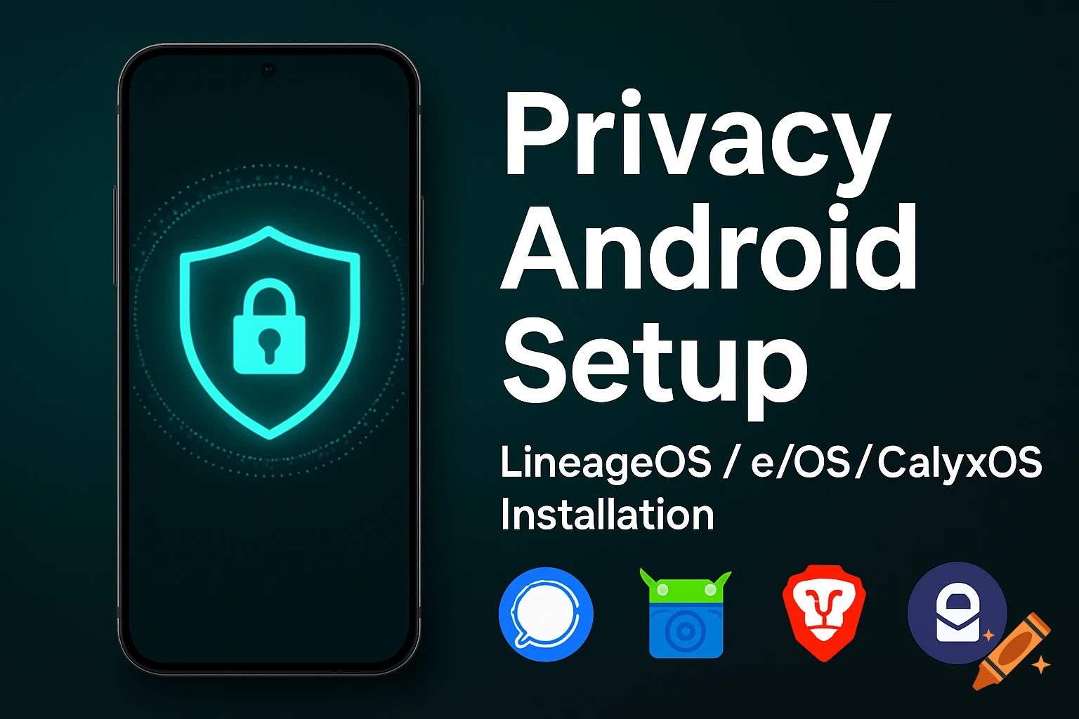 A smartphone with a glowing privacy shield icon. Text 'Privacy Android Setup' and OS names with privacy app logos.