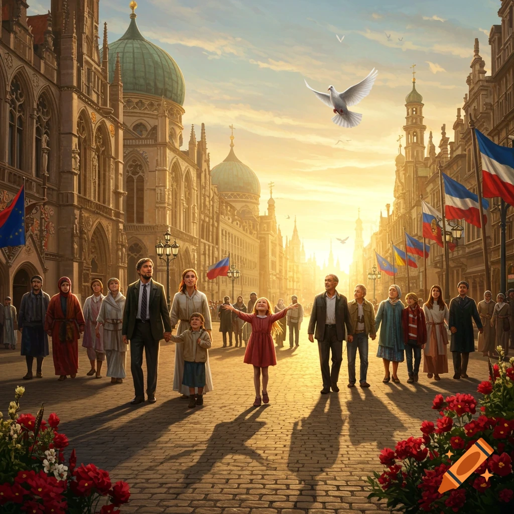 Families and people walk on a sunlit European city street with grand buildings and flags, as a dove flies overhead, symbolizing peace.