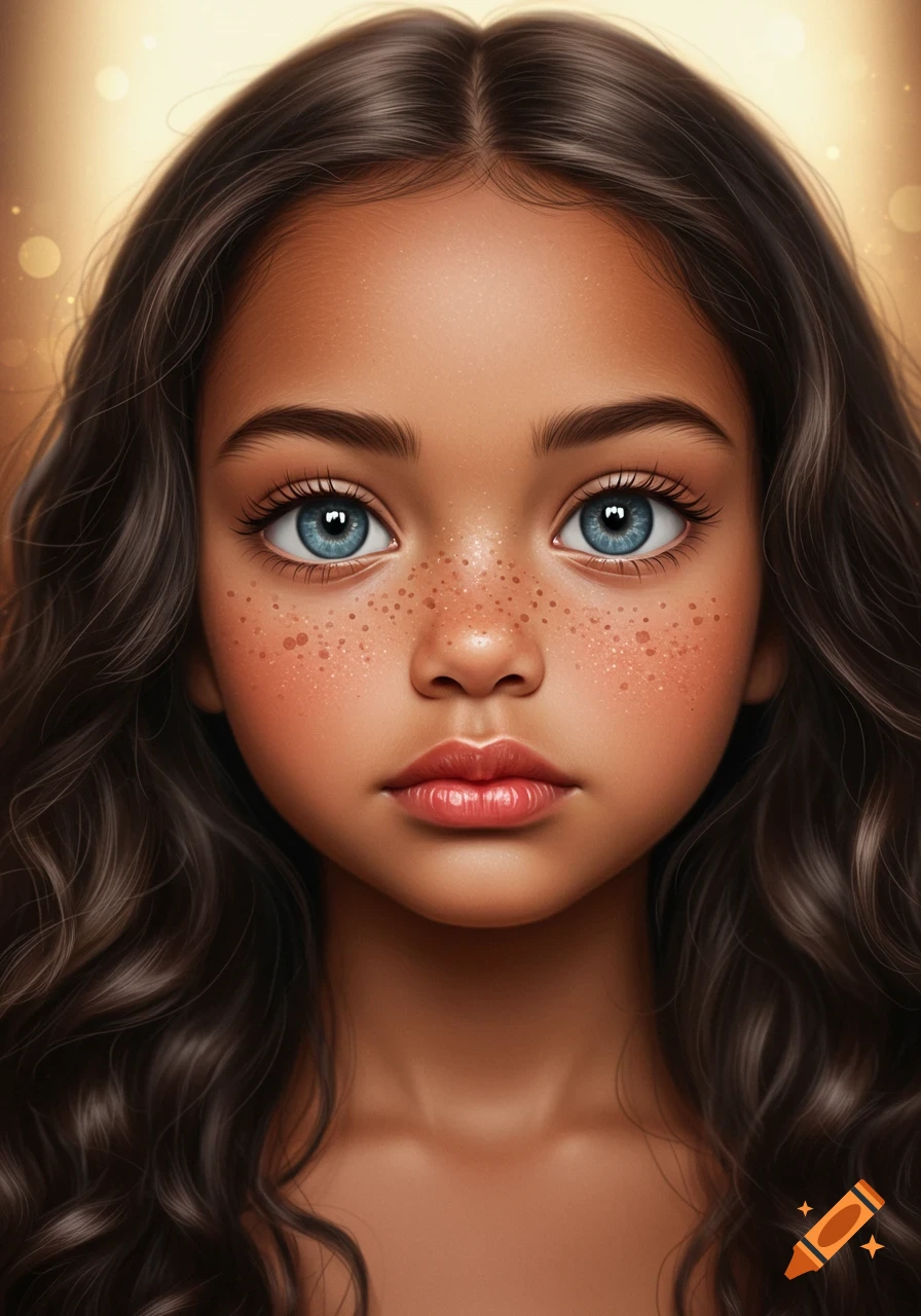 Close-up digital portrait of a young girl with brown skin, blue eyes, freckles, and long dark wavy hair.