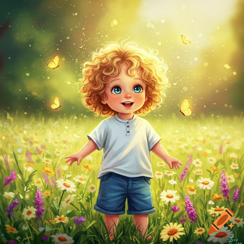 A happy, curly-haired cartoon boy with blue eyes smiles in a sunny field of colorful wildflowers with butterflies.