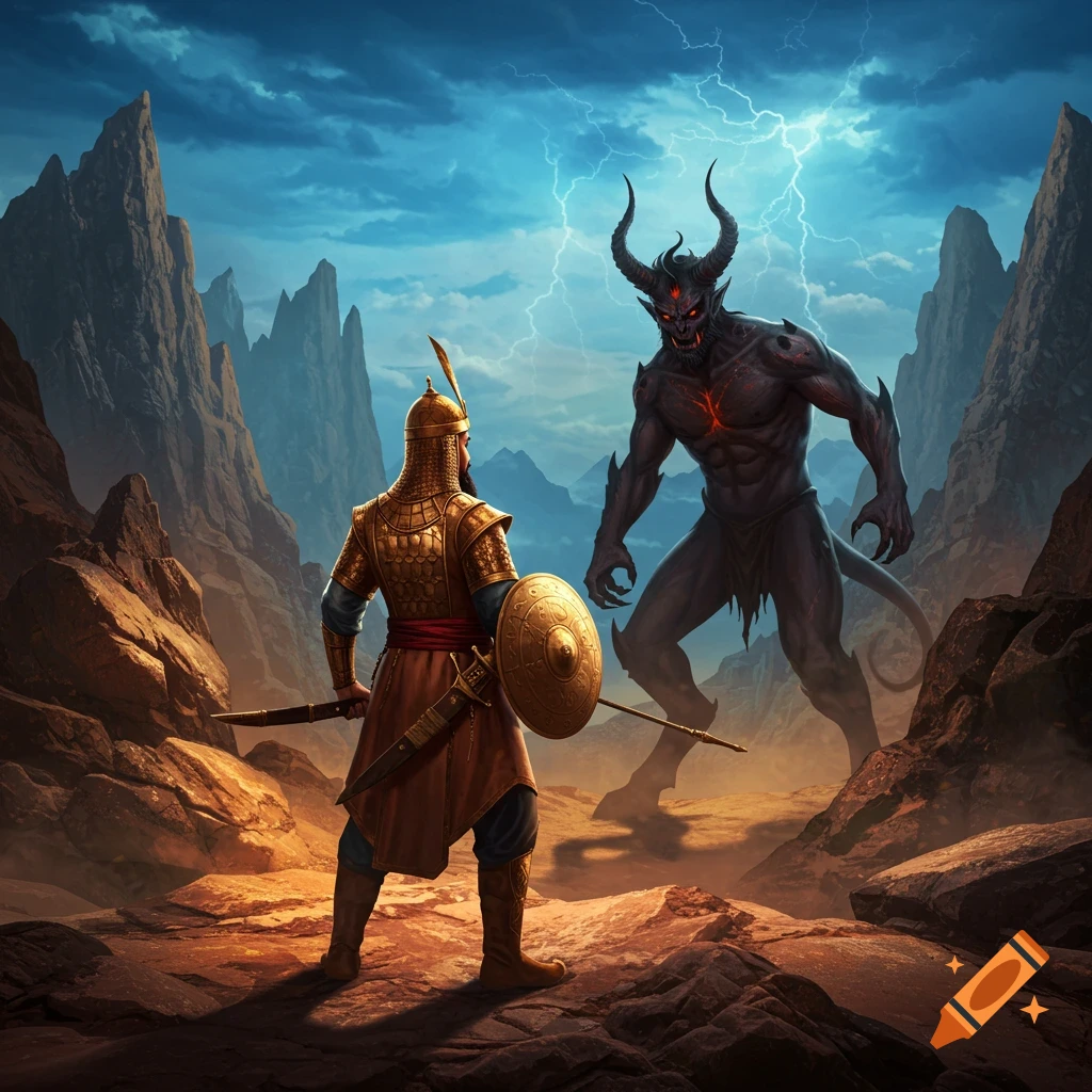 A warrior in golden armor with shield and sword faces a horned demon in a rocky, mountainous landscape under a stormy, lightning-filled sky.