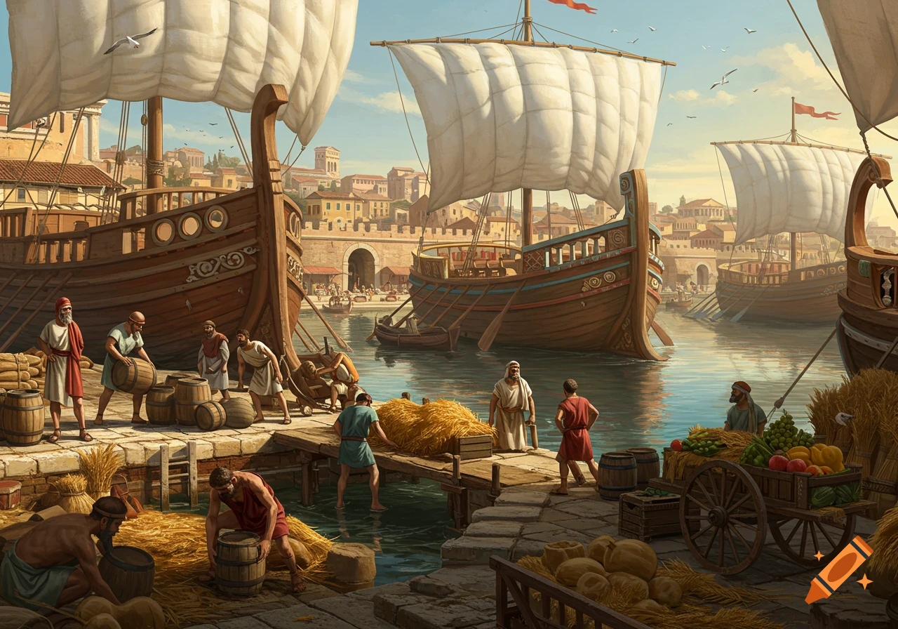 Detailed illustration of a bustling ancient port with large sailing ships, men unloading goods like wheat and barrels, and a town in the background.