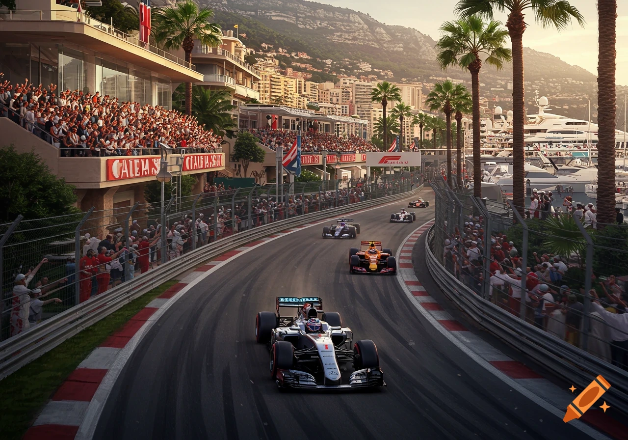 Photorealistic image of Formula 1 race cars speeding through a track in Monaco, with grandstands full of spectators, palm trees, and yachts in the background.