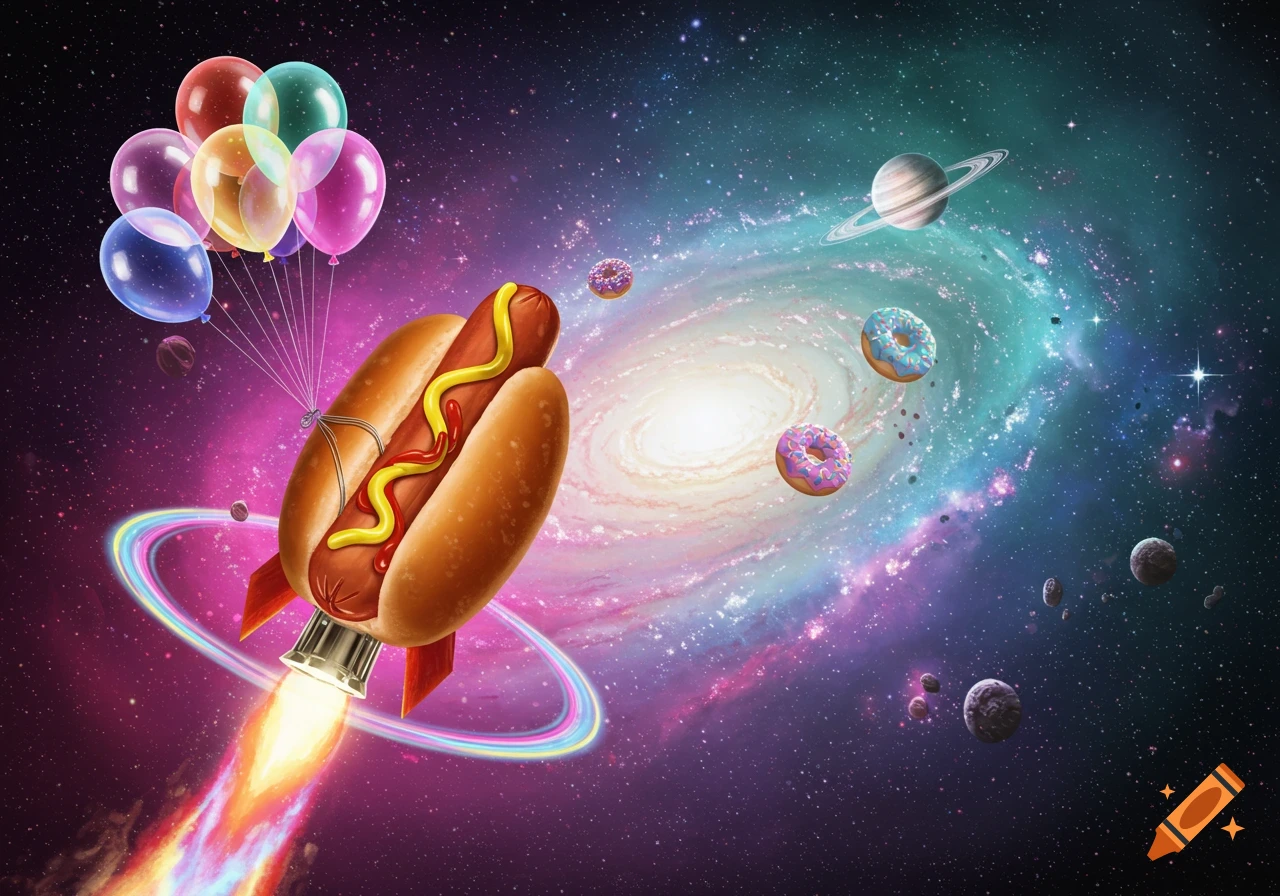 A vibrant, surreal illustration of a hot dog rocket flying through a colorful galaxy with balloons, planets, and donuts.