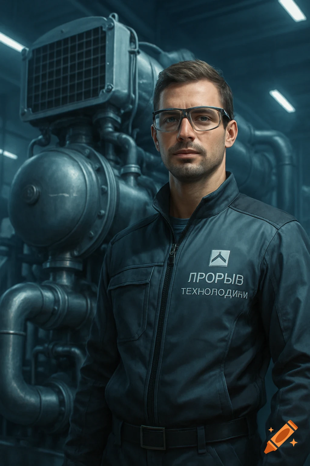 A man in a dark uniform and glasses stands in front of industrial machinery, photorealistic.