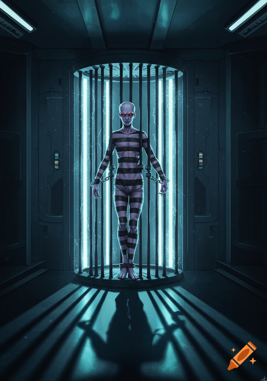 An alien-like figure in a striped prison suit with chains stands in a glowing sci-fi containment cell.