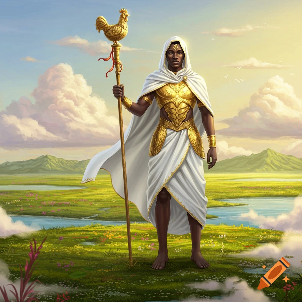 An illustrated male god in a white hooded robe and golden armor holds a scepter with a golden chicken in a lush green landscape.