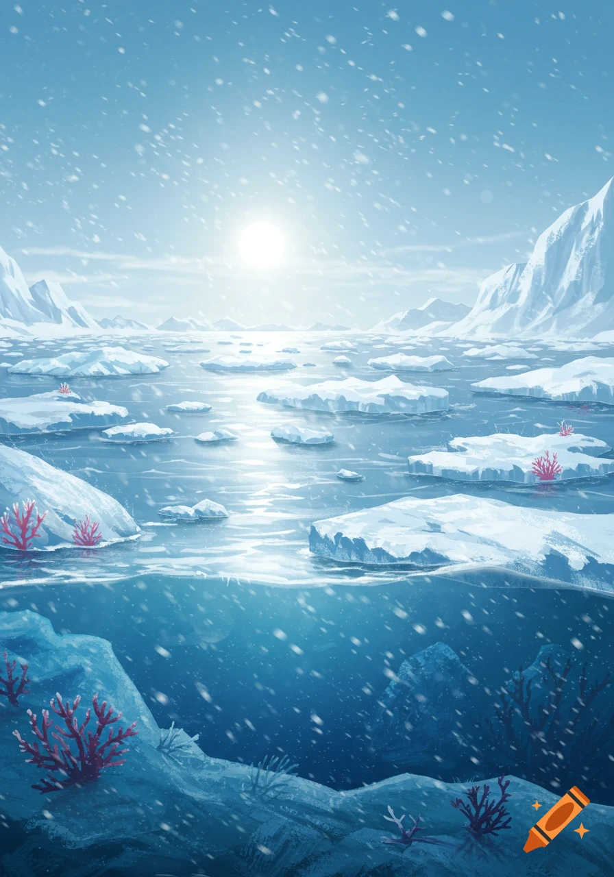 Snowy arctic landscape with icebergs, a bright sun over the icy sea, and a clear view below the surface showing submerged rocks and red coral.