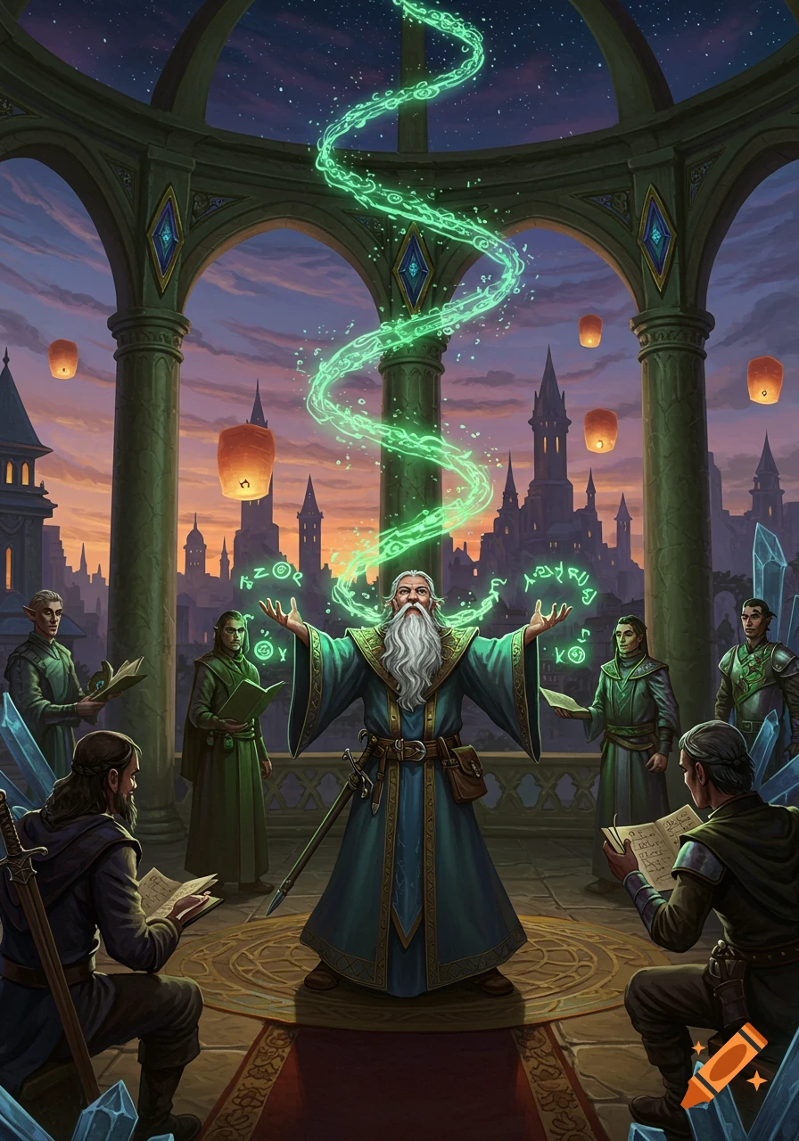 A bearded wizard in teal robes casts a glowing green spiral spell with hands outstretched, surrounded by other robed figures reading books in a grand hall overlooking a fantasy city at dusk.