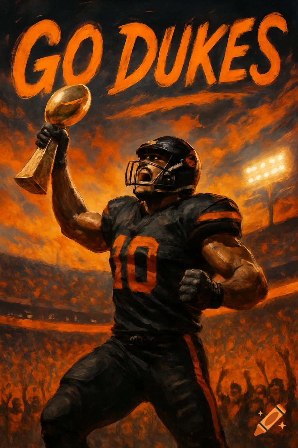A stylized painting of a football player in a black and orange uniform, holding a gold trophy aloft in a stadium, with "GO DUKES" text above.