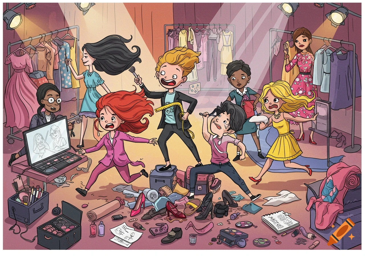 A cartoon illustration of a chaotic backstage scene at a fashion show, with designers and models rushing around clothes racks, makeup, and scattered shoes.