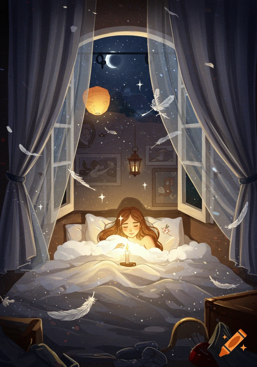 Animated illustration of a woman sleeping peacefully in a cozy, moonlit bedroom with a glowing candle, stars, and feathers.