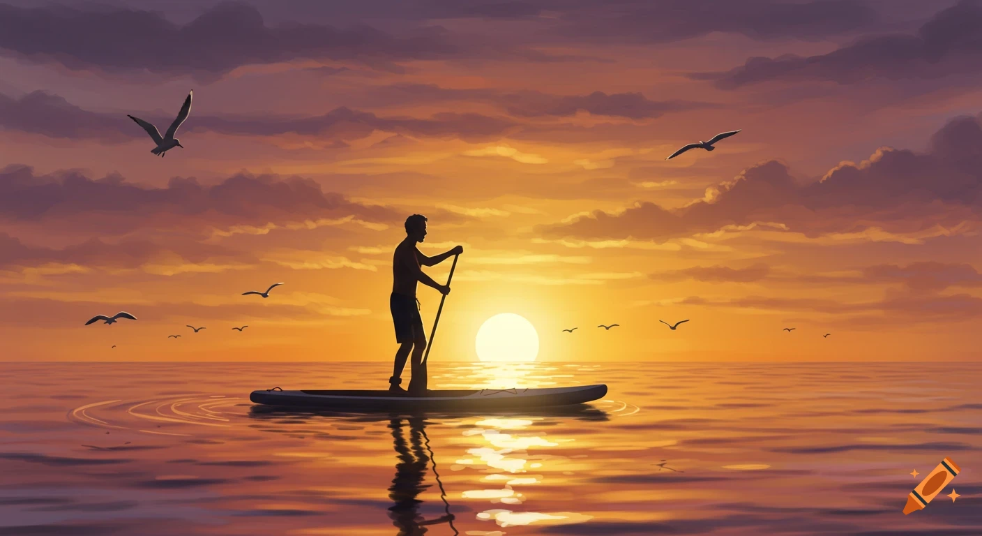 Silhouette of a man paddleboarding on calm water at sunset with birds flying in the vibrant sky.
