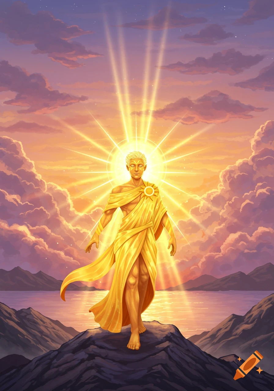 A golden, god-like figure radiates light, standing on a mountain at sunrise over water, with a dramatic cloud-filled sky.