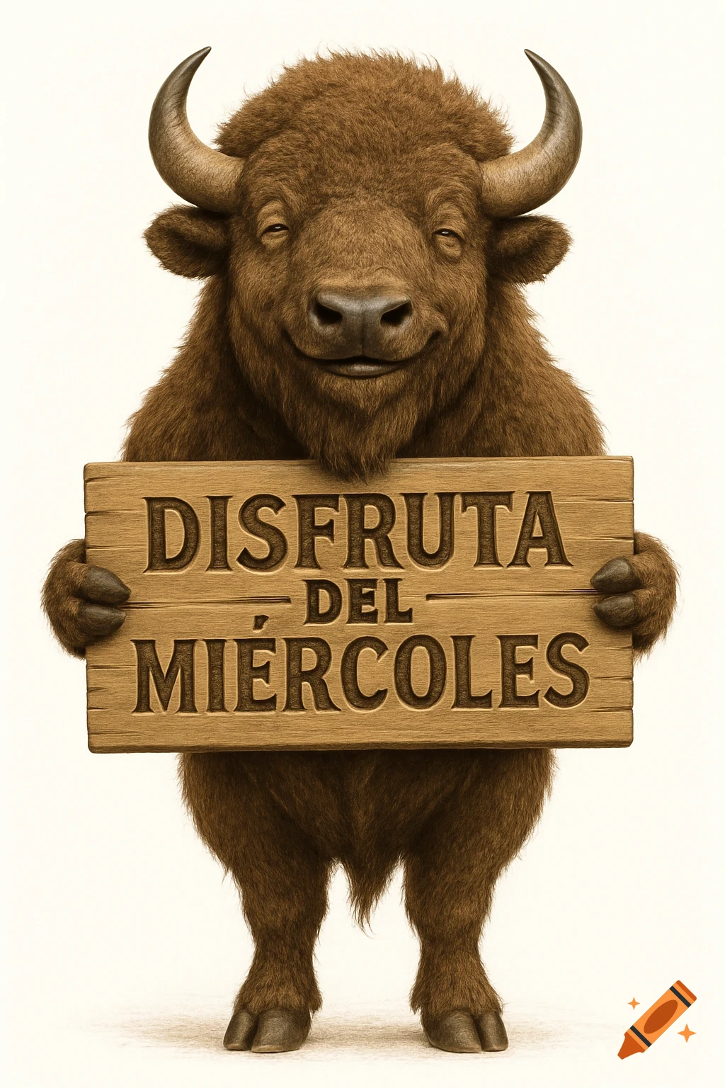 A smiling brown bison holds a wooden sign with "DISFRUTA DEL MIÉRCOLES" carved into it, digital art.