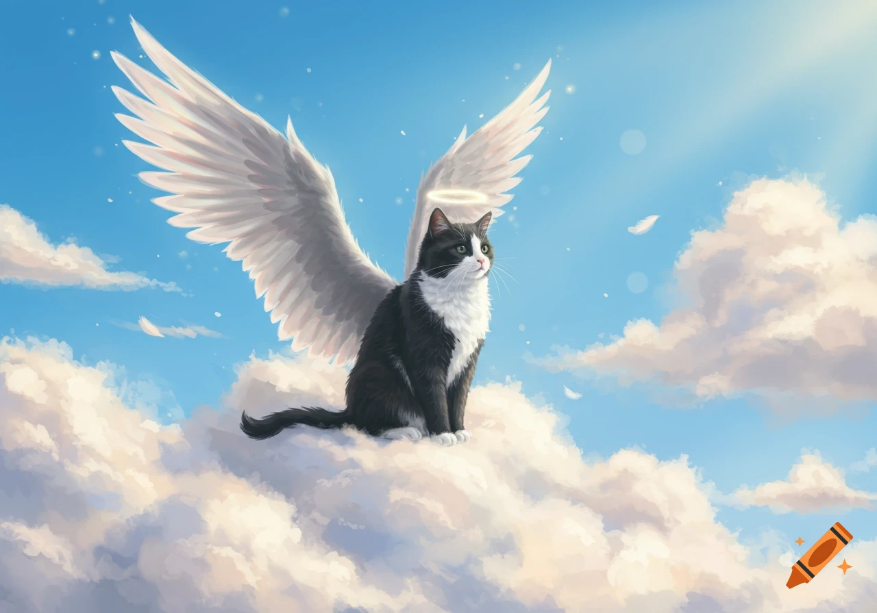 An illustrative black and white cat with white angel wings and a halo sits on fluffy white clouds in a bright blue sky with sunbeams.