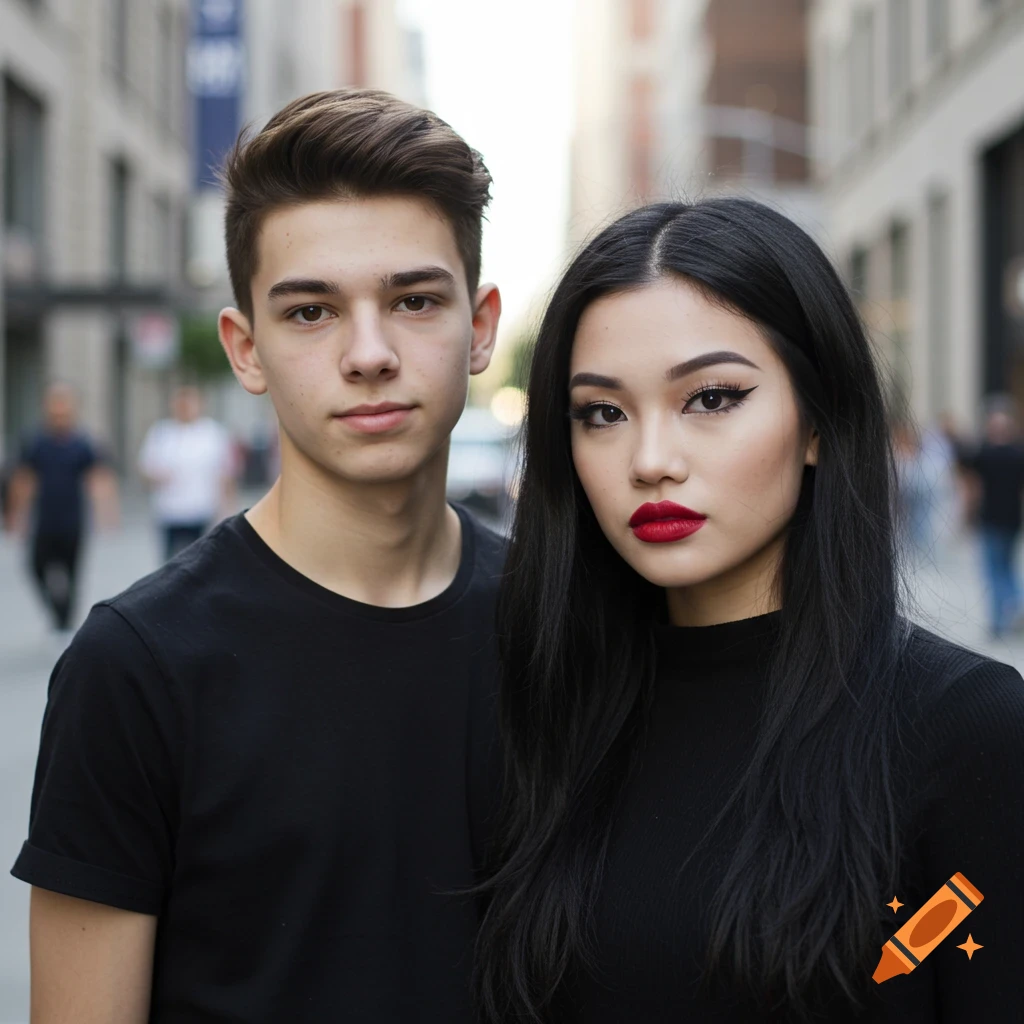 A teenage boy and girl in black tops standing in an urban setting, looking at the camera. The girl wears red lipstick and prominent eyeliner.