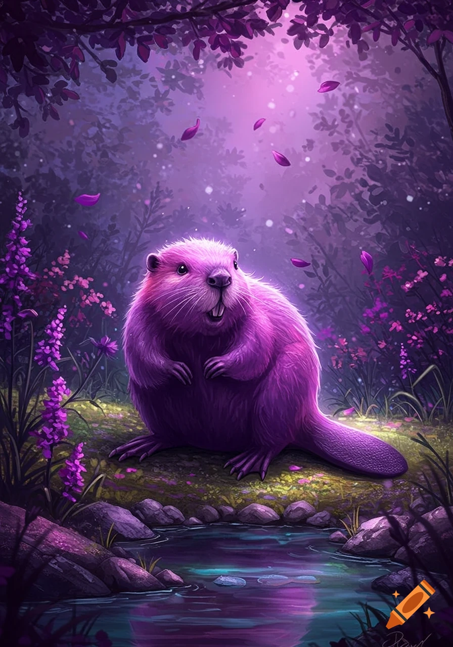A cute fluffy purple beaver sits by a stream in a magical forest with glowing purple plants and falling leaves.