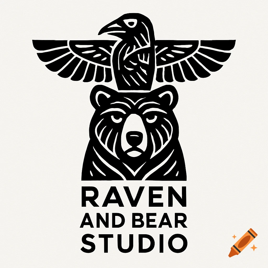 A black and white stylized logo depicting a raven perched on a bear's head, resembling a totem pole. Below, the text reads "RAVEN AND BEAR STUDIO".