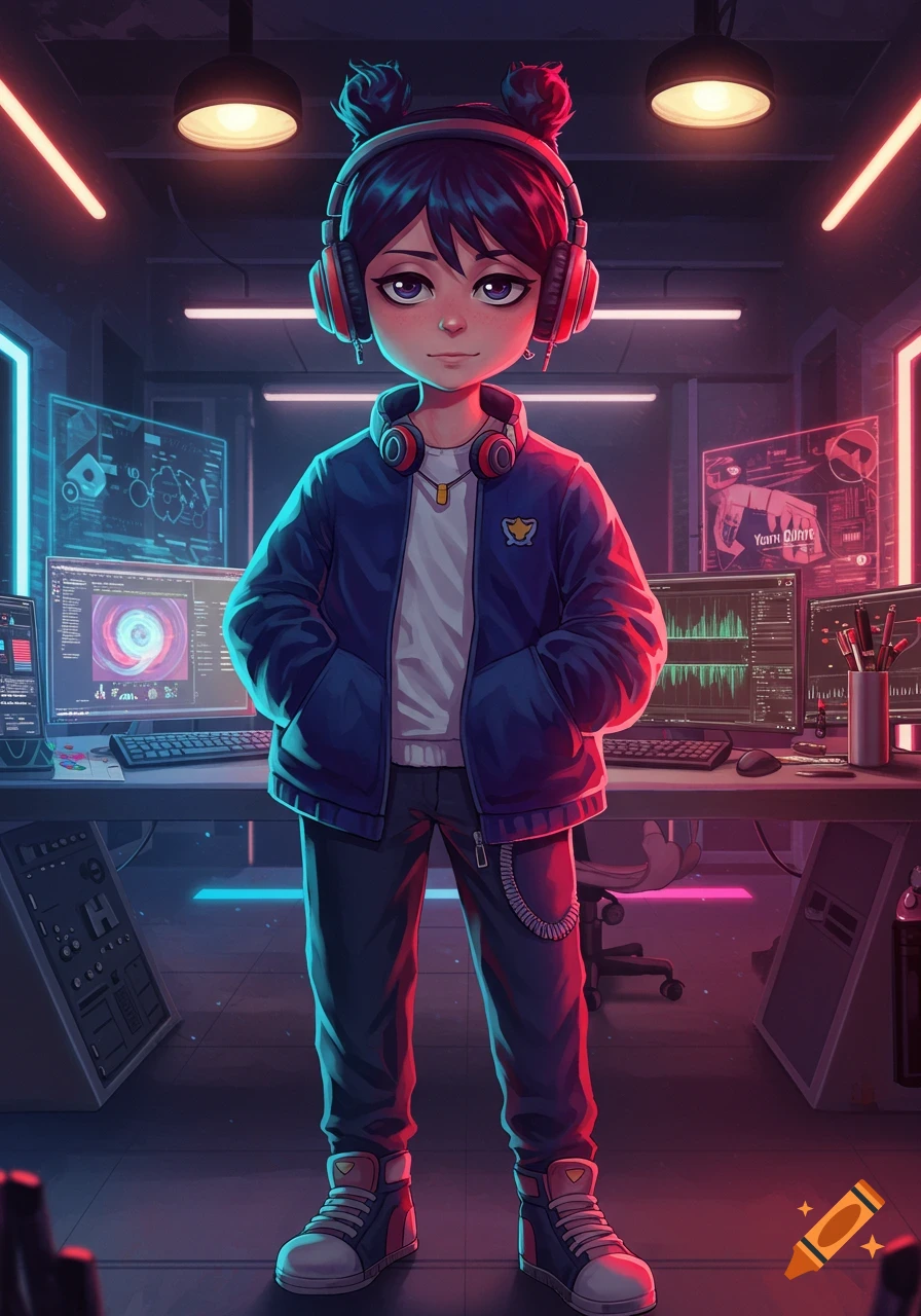 A stylized character with headphones and a blue jacket stands in a neon-lit tech room with multiple computer screens.
