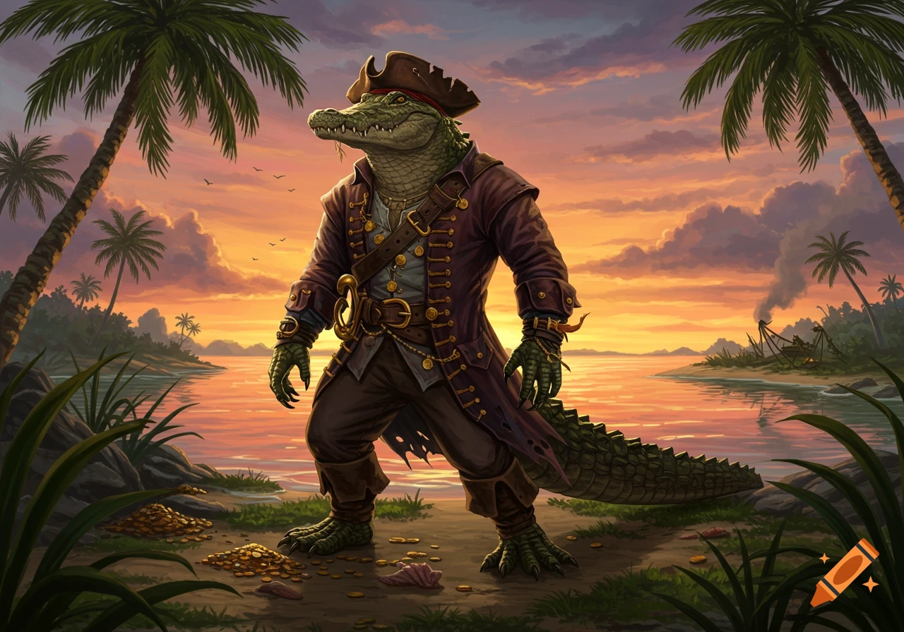 An anthropomorphic alligator pirate stands on a tropical beach at sunset, with palm trees and a ship wreck in the background.
