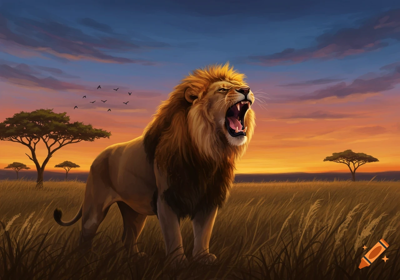 An illustrated lion roars loudly in a golden savannah at sunset, with scattered trees and birds.