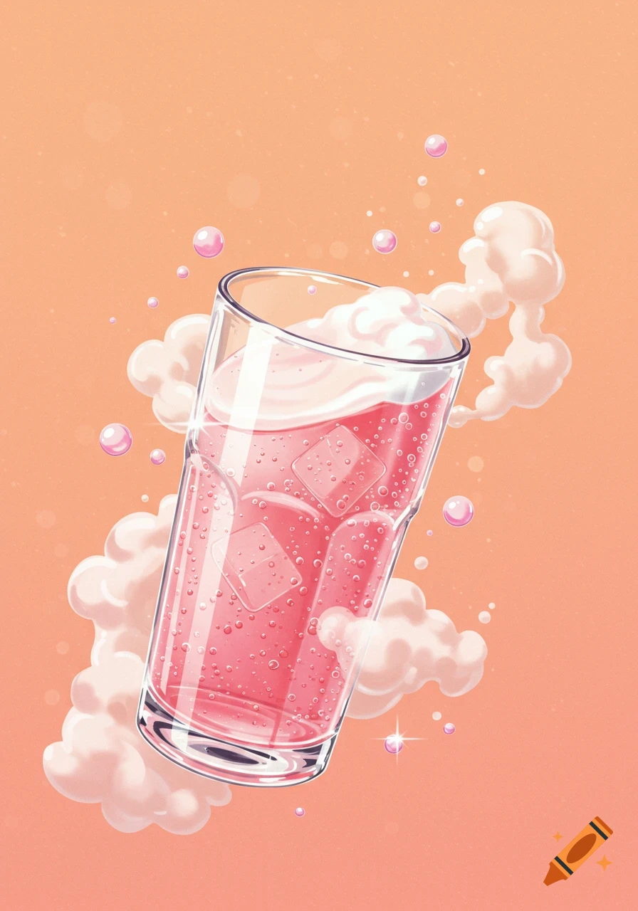 Whimsical illustration of a pink fizzy drink with ice and foam, surrounded by fluffy clouds and bubbles on an orange background.