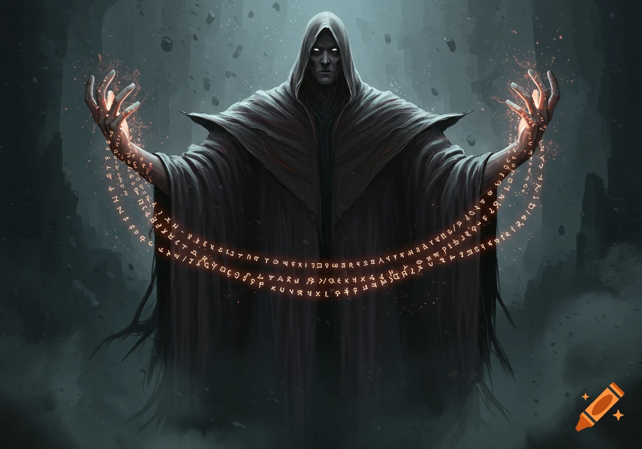 A dark, hooded figure with glowing eyes creates a shimmering barrier of orange runes in a mystical setting.