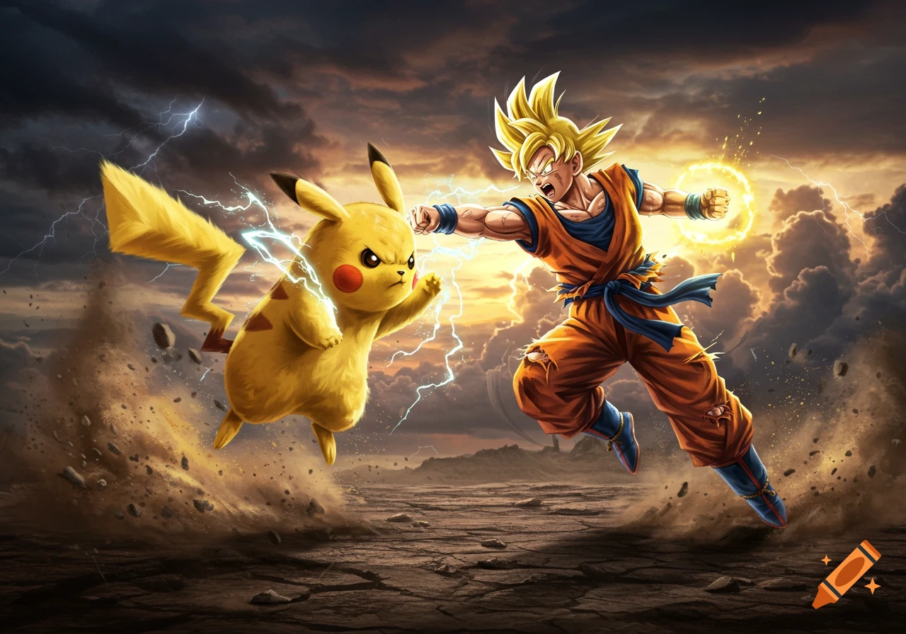 Super Saiyan Goku dodges a lightning punch from an angry Pikachu on a cracked battlefield under a stormy sky.