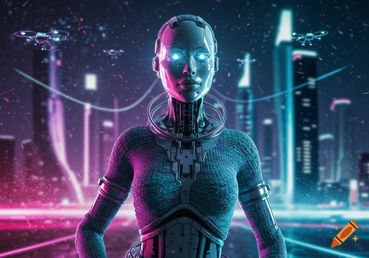 Futuristic female robot with glowing eyes in a neon-lit city with flying drones.