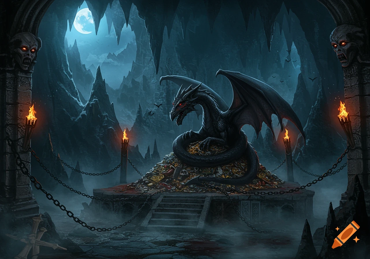 A dark, powerful dragon with glowing red eyes guards a huge pile of gold and treasure in a mystical, moonlit cave.