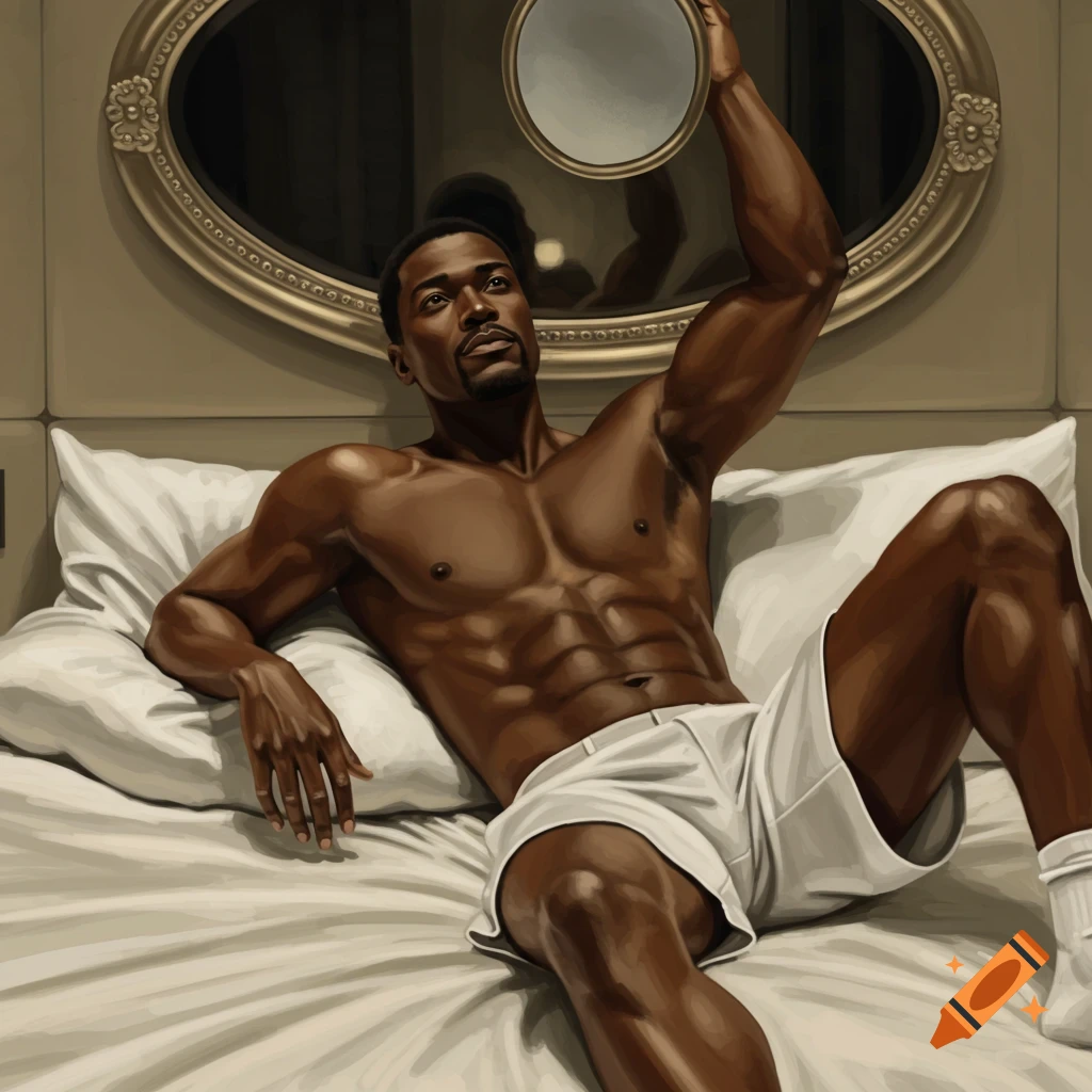 Muscular Black man in white shorts and socks lies on a bed, holding a mirror overhead and looking into it, in a digital painting.